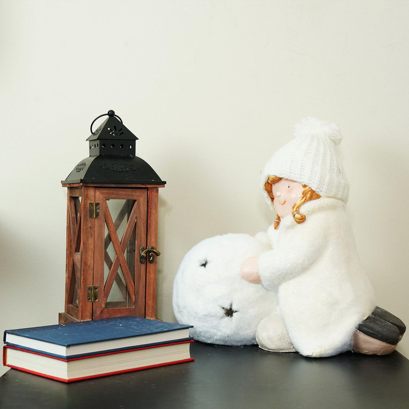 bougeoir de Noël en forme de boule de neige blanche 12,5 "avec une fille agenouillée