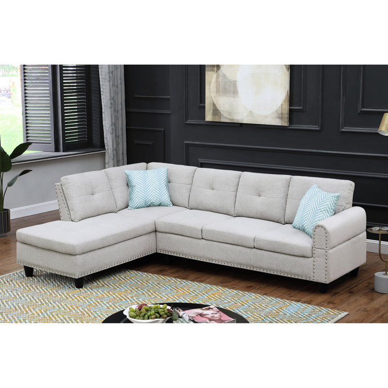 Canapé modulaire en forme de L 3 pièces gris avec coussin décoratif 2 pièces, siège central escamotable pour quatre personnes avec deux porte-gobelets, coussins décoratifs et rangement assorti, structure en bois massif et en bois d'ingénierie, neutre