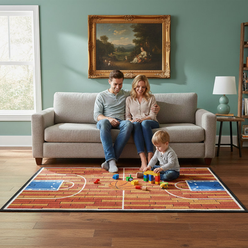Furnish My Place 690 Rust Basketball Childrens Play Area Rug for Bathroom | Playroom & Kindergarten Classroom | Bedrooms | Contemporary Design