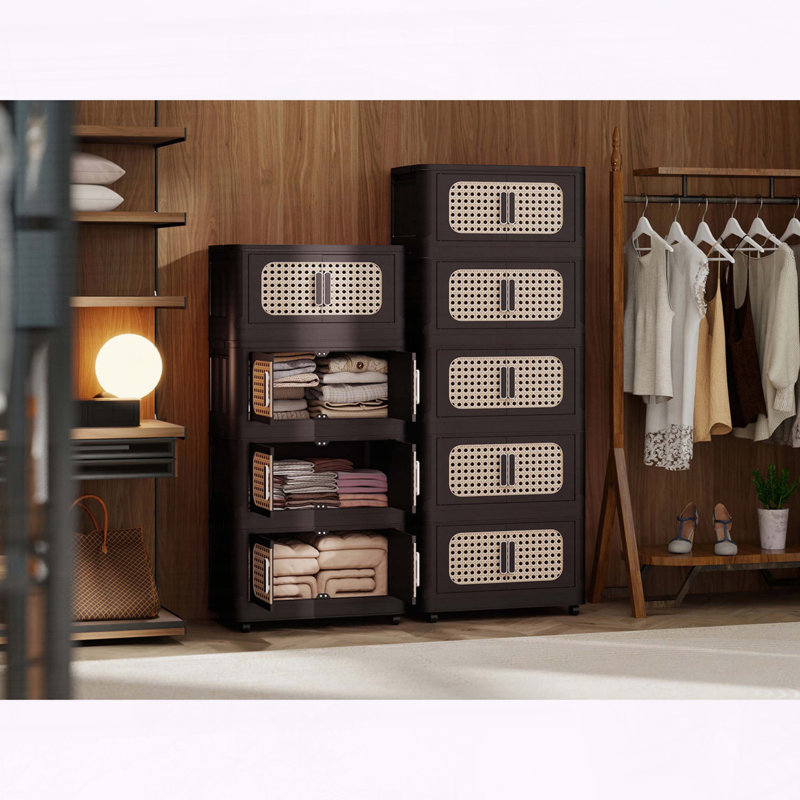 Armoire de rangement pliante rétro avec roulettes, 4 niveaux, brun