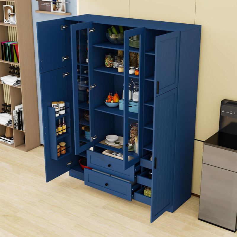Spacieux garde-manger autoportant avec tablettes réglables, portes en acrylique et rangement pour bouteilles de vin, Bleu