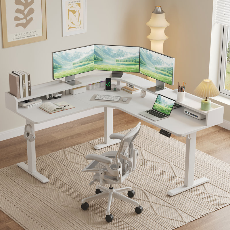 Bureau debout en L de 63 po pour ordinateur, bureau de coin électrique à hauteur réglable pour le bureau personnel, Blanc