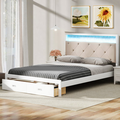 Wood Queen Size Platform Bed With Upholstered Headboard And LED And 2 Drawers -  Ivy Bronx, 074CE8C0311040618051D0A73B036EC3