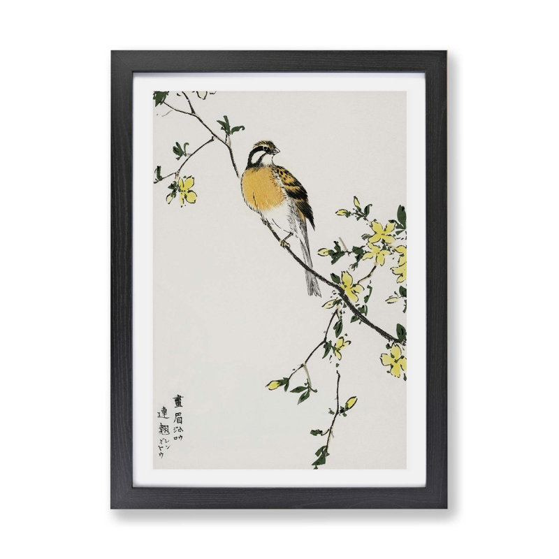 Meadow Bunting Bird And Yellow Flowers by Numata Kashu - Single Picture Frame Painting, 45cm H x 63cm W x 2cm D, Black