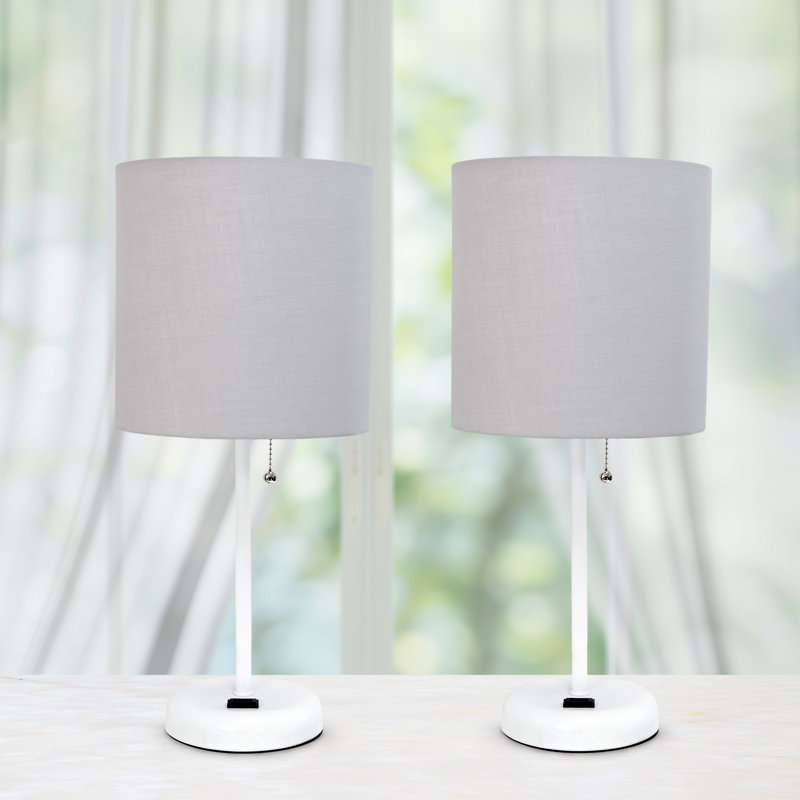 Gray Fabric Shade White Stick Table Lamp Set with Charging Outlet