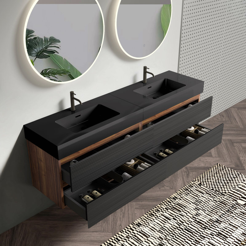 Meuble-lavabo de 72 po (36 po * 2) avec lavabo à surface solide d'ingénierie noir mat et tiroirs noirs doux, meuble-lavabo mural flottant, lavabo une pièce noir mat, KD