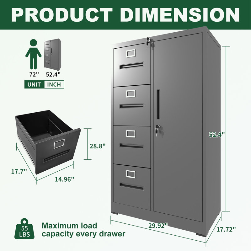 metal frame File Cabinet with 2 Drawers and 1 door, Black