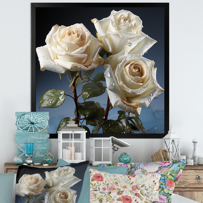 Monocrhome roses blanches en fleurs, Cadre simple noir, H 16 po x l 16 po x P 1 po