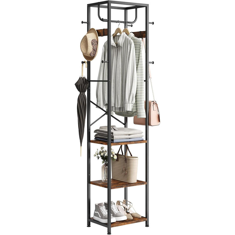 Independent Coat Rack, Hall Tree, With 3 Storage Racks And 12 Hooks, Brown