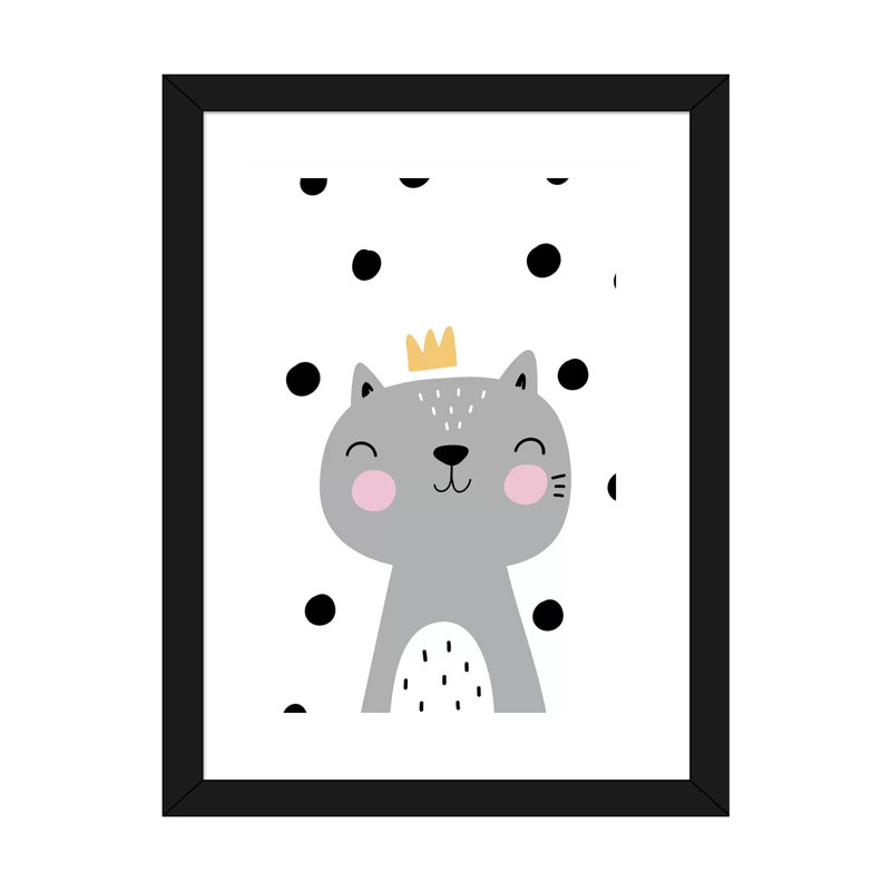 Chat avec couronne gris à pois - impression d'art graphique, H 32 po x l 24 po x P 1 po, Papier encadré noir, Blanc