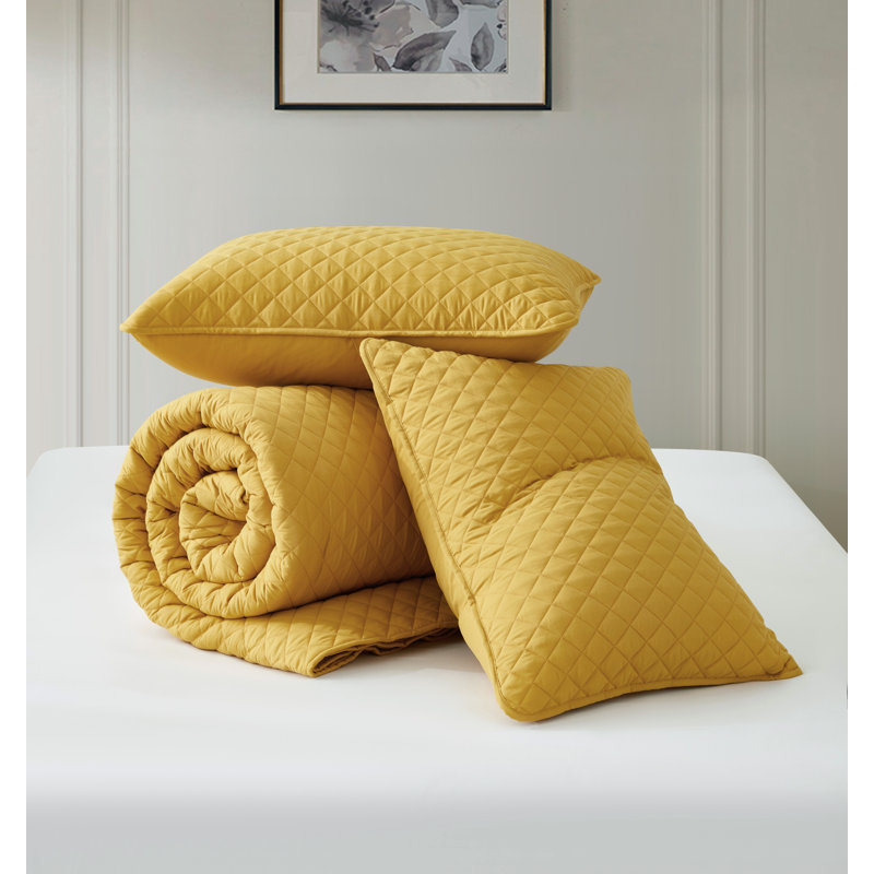 Teo Diamond Stitch Microfiber Quilt Set, King Quilt + 2 King Shams, Mustard Yellow