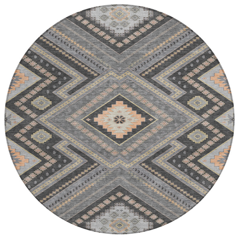 Gray Round Synthetic Flat Woven Washable Rug, 8' x 8'