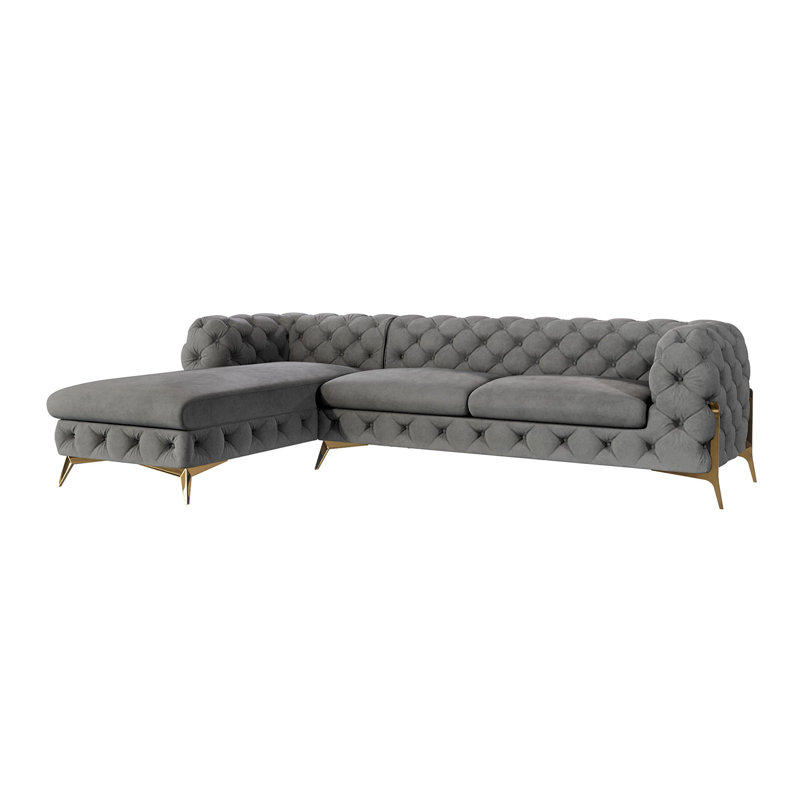 Corner Chaise Chesterfield Sofa  with Gold Metal Legs, Grey, Left Hand Facing