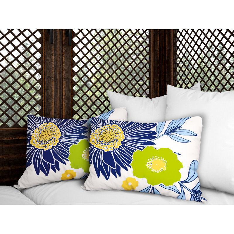 Floral Outdoor Reversible Throw Pillow, Navy Blue