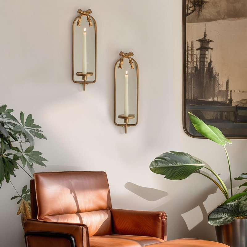 Ensemble de 2 appliques en forme de bougie en miroir avec cadre en arche, Doré