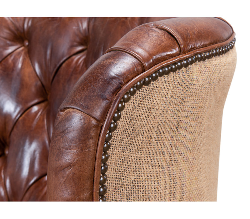 Welsh Tufted Wingback Chair, Vintage Cigar Genuine Leather