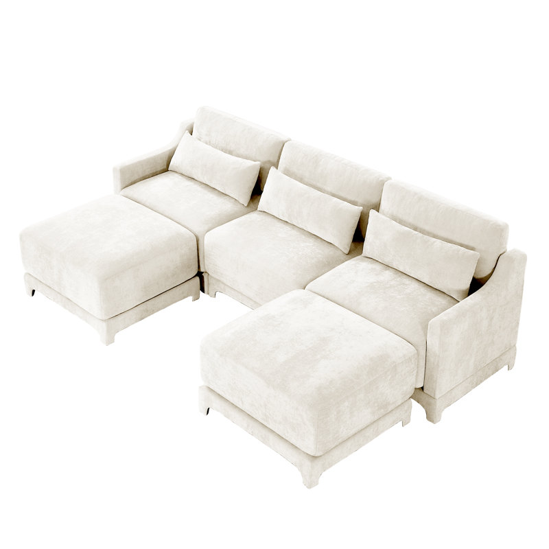 3-seater Chenille Fabric Sofa Equipped With 3 Lumbar Support Pillows And Two Footrest, Beige Chenille