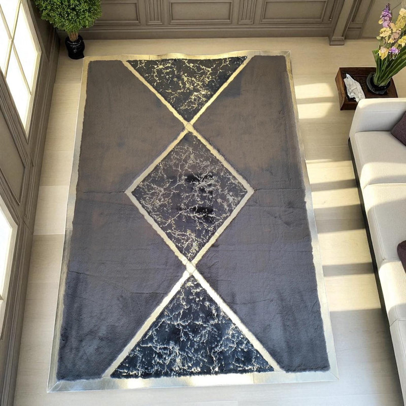 Tapis gris moelleux fait à la main avec centre losanges pour salon moderne, Rectangle 9 pi 6 po x 13 pi 6 po