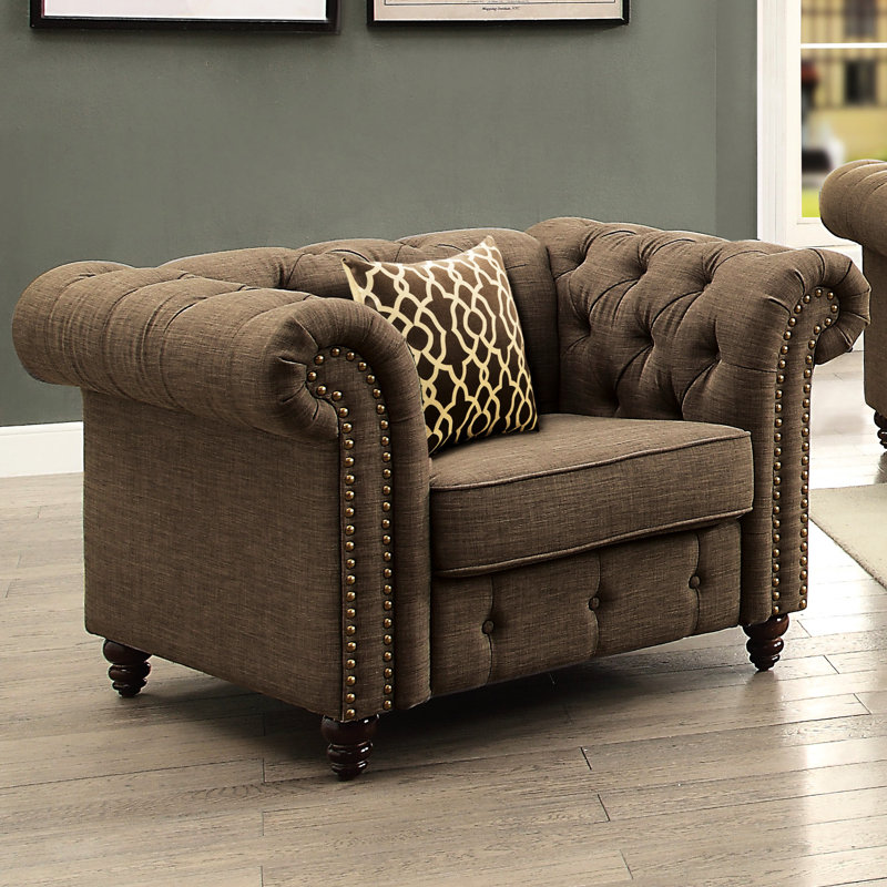 Fauteuil brun élégant avec coussin et assise à séchage rapide - Revêtement en lin confortable et relaxant, piètement inclus