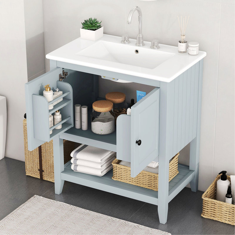 Meuble-lavabo de style moderne avec lavabo en céramique et tablette ouverte, Gris