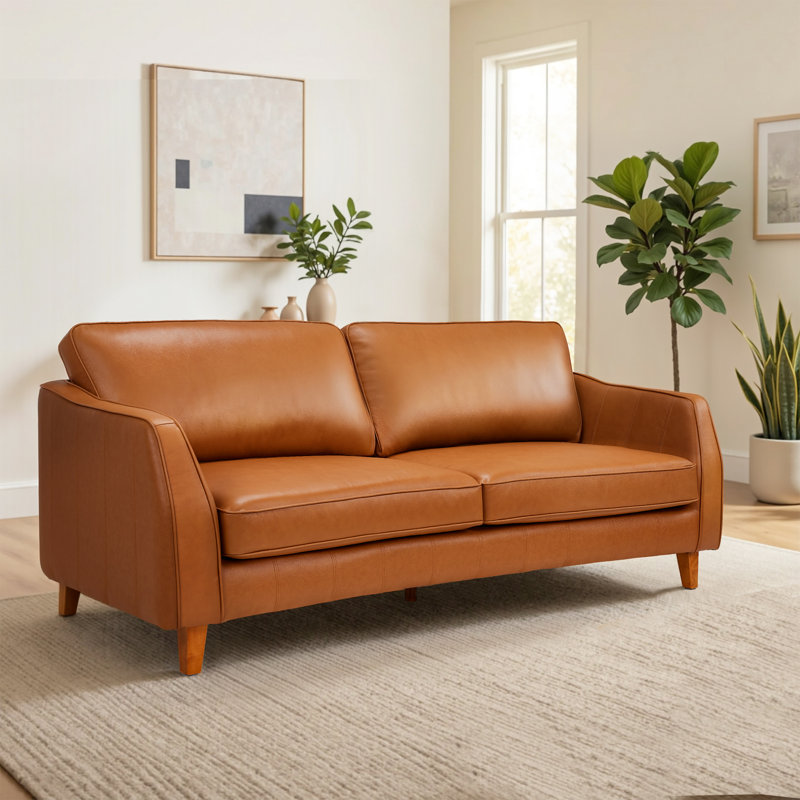 Top-Grain Leather Sofa Couch with Solid Wood Legs, Tan