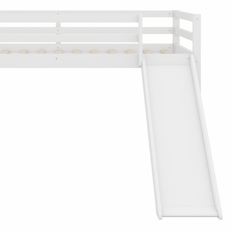 Lit simple mezzanine bas avec glissade, échelle, barrières de sécurité, Blanc