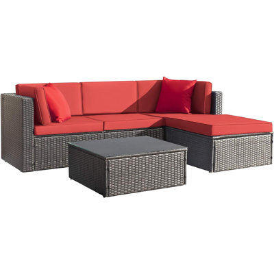 5 Pieces Patio Furniture Sets All Weather Outdoor Sectional Patio Sofa Manual Weaving Wicker Rattan Patio Seating Sofas With Cushion And Glass Table