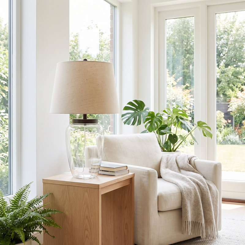 Fillable Glass Table Lamp with Linen Shade