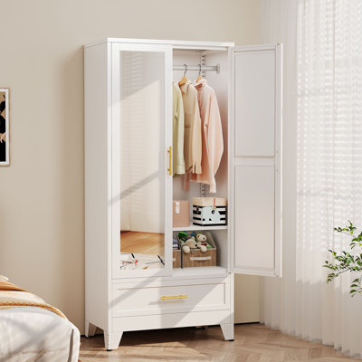 70.87"Tall Modern Metal Armoire Wardrobe Bedroom Clothing Storage With Mirror and One Drawer by Winston Porter