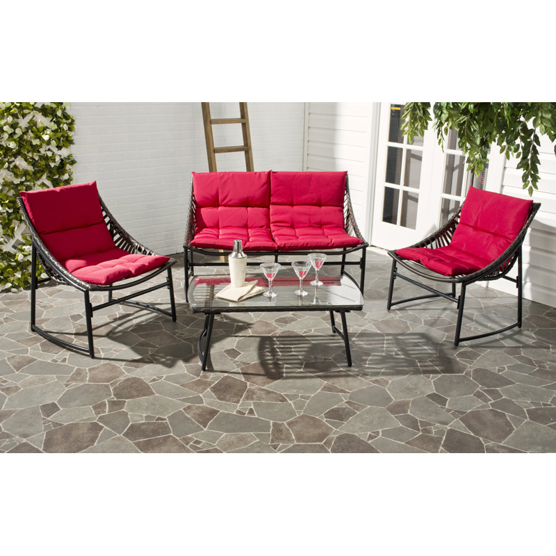 Larose Wicker 4 - Person Patio Conversation Set with Cushions, Brown, Red