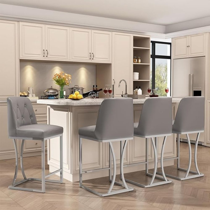 Gray Bar Stools Set of 4, 24 inch Counter Height Bar Stools PU Leather Bar Chairs with Back for Kitchen Island, 4