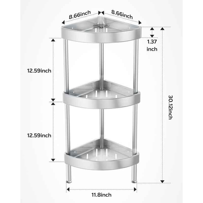 Support de coin pour chariot de douche, organisateur de douche à 3 niveaux en aluminium anodisé antirouille avec pieds réglables pour les surfaces inégales, conception à double stabilité anti-secousse, aucun perçage requis