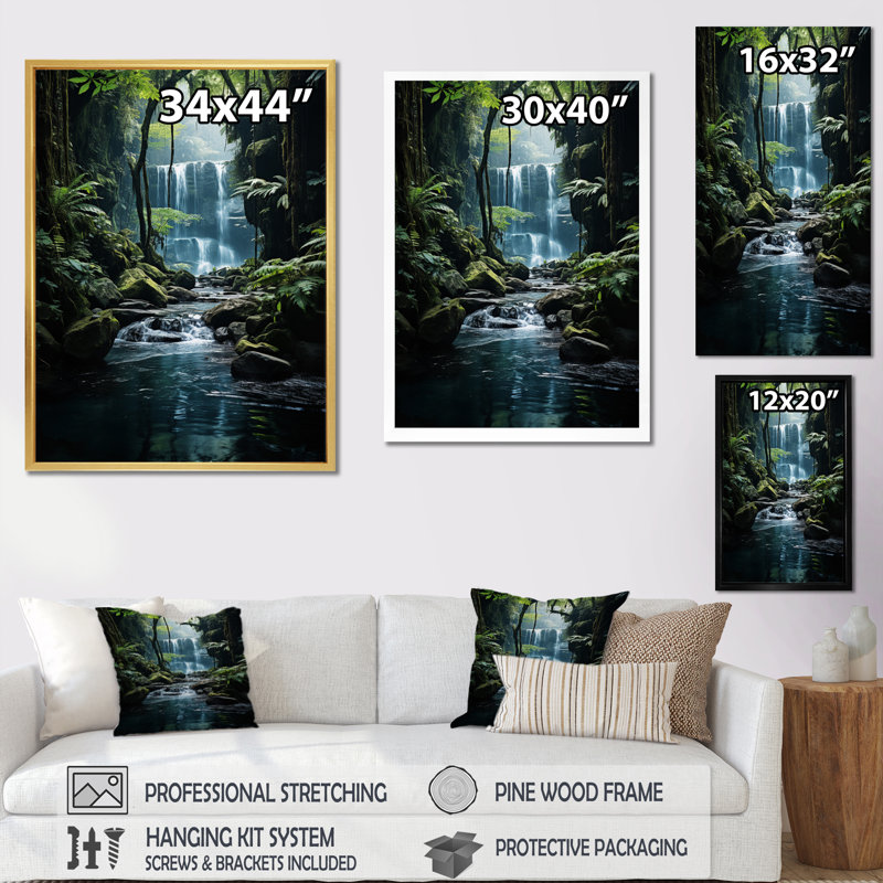 «Waterfall Hidden Oasis I», art mural sur toile, H 32 po x l 24 po x P 1 po, Cadre simple noir