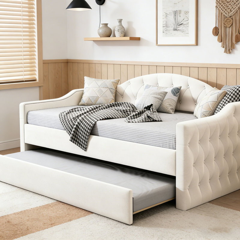 Lit de jour capitonné capitonné avec couchette, Beige