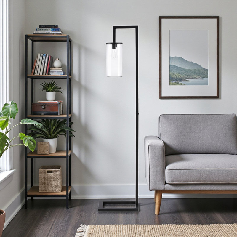 Cedric 68"H Contemporary Style In Black Metal, Glass Shade Floor Lamp