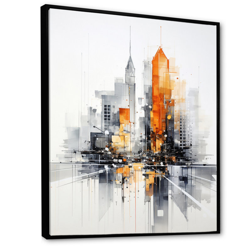 «Jaenelle Orange Grey Minimalisme Urban Rhythm III», reproduction sur toile, H 32 po x l 16 po x P 1 po, Cadre flottant noir