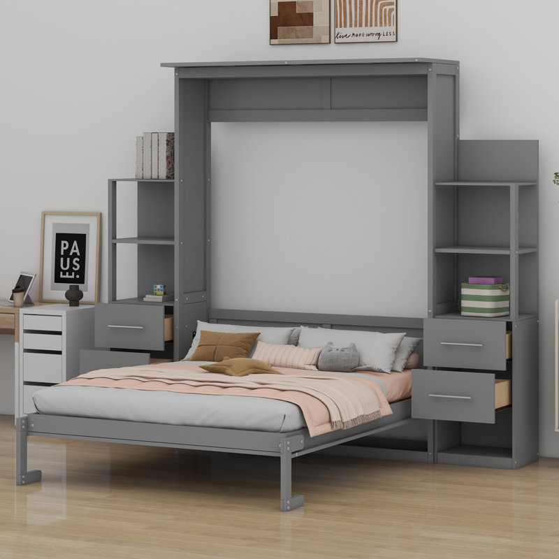 Lit escamotable mural avec tablettes Murphy, Gris, Grand lit