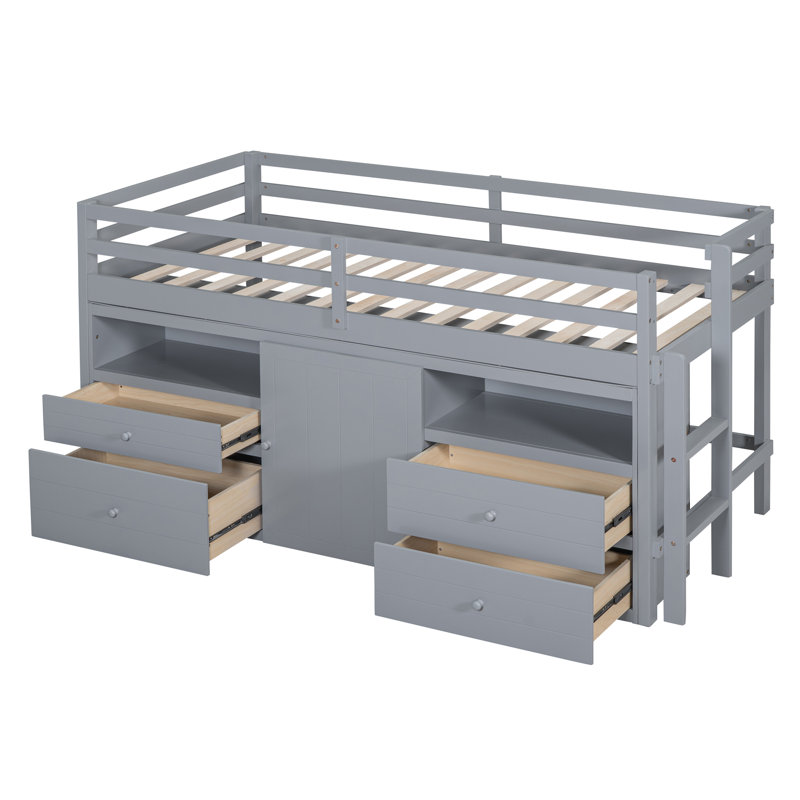 Lit mezzanine simple avec 4 tiroirs, sous l'armoire et les tablettes, Gris