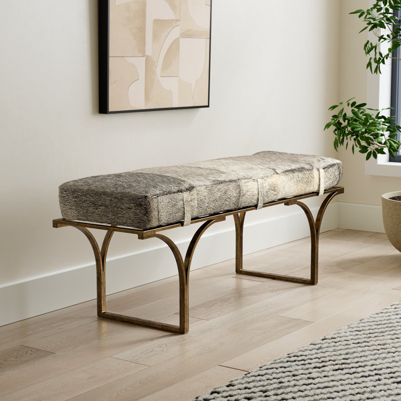 Magnolia Upholstered Bench, Gray Hair on Hide Genuine Leather