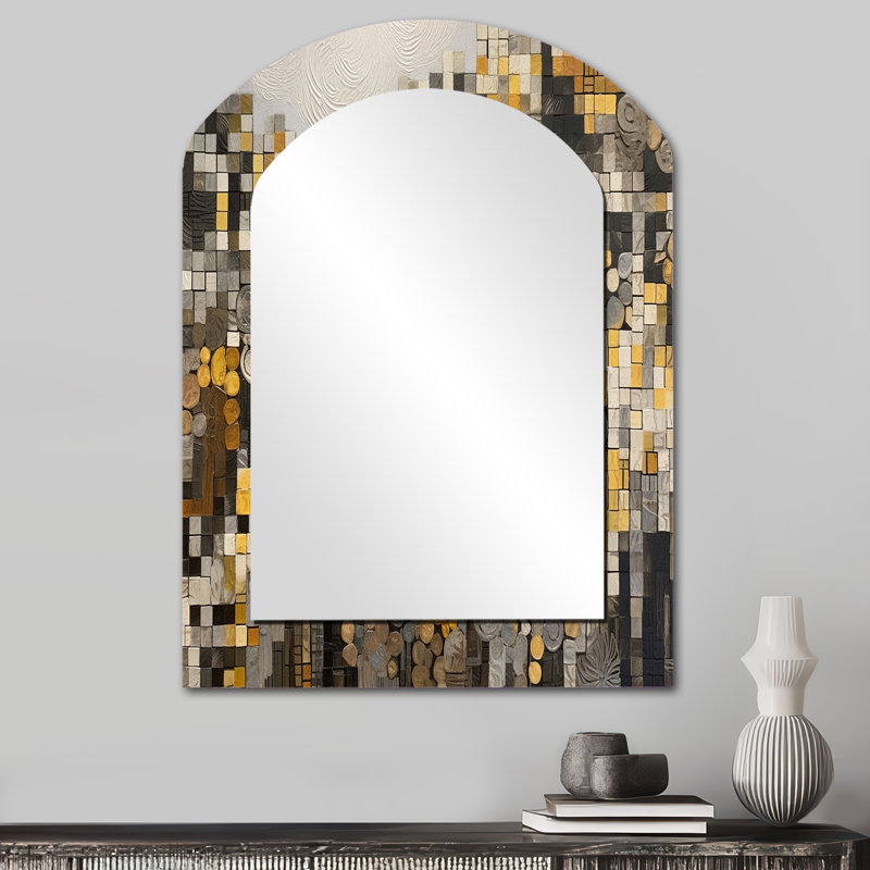 Yellow And Cream Bohemian Medley II - Boho Mosaic Asymmetrical Decorative Mirror, Modern Freeform Large Wall Mirror, Printed Metal Art
