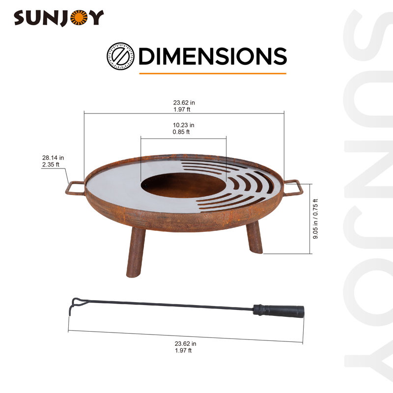 Rustic Steel Wood Burning Fire Pit with Handles and Poker