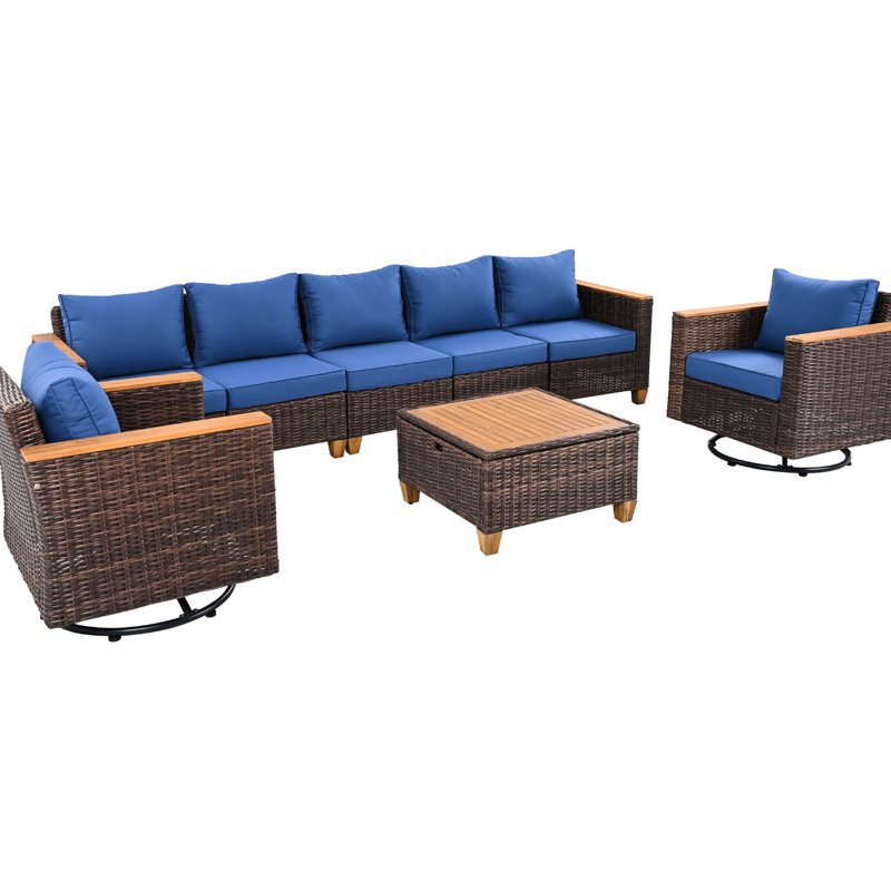 Extérieur: 8 avec chaises berçantes, table de rangement, coussins épais, bleu, patio protégé, pivotant sur 360