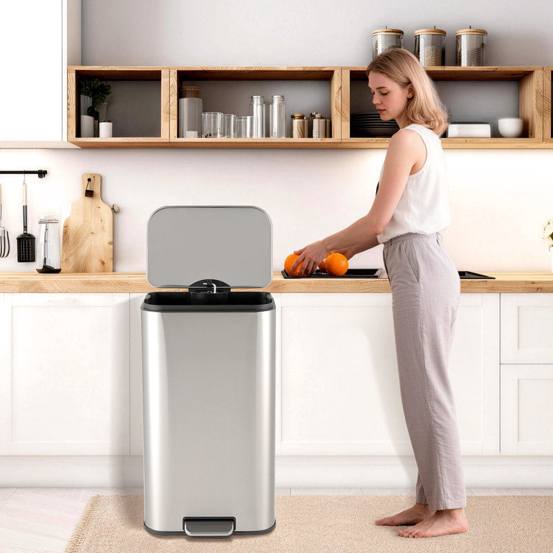 Stainless Steel Fingerprint Proof Soft Close Recycling Trash Can with Foot Pedal & Removable Inner Bucket, Rectangular Waste Bin for Kitchen Home Office Bathroom Restaurant