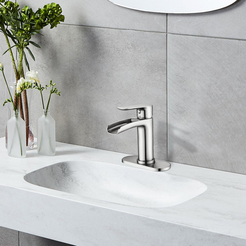Robinet cascade en nickel brossé pour lavabo de salle de bain - poignée simple avec plaque de pont et trop-plein