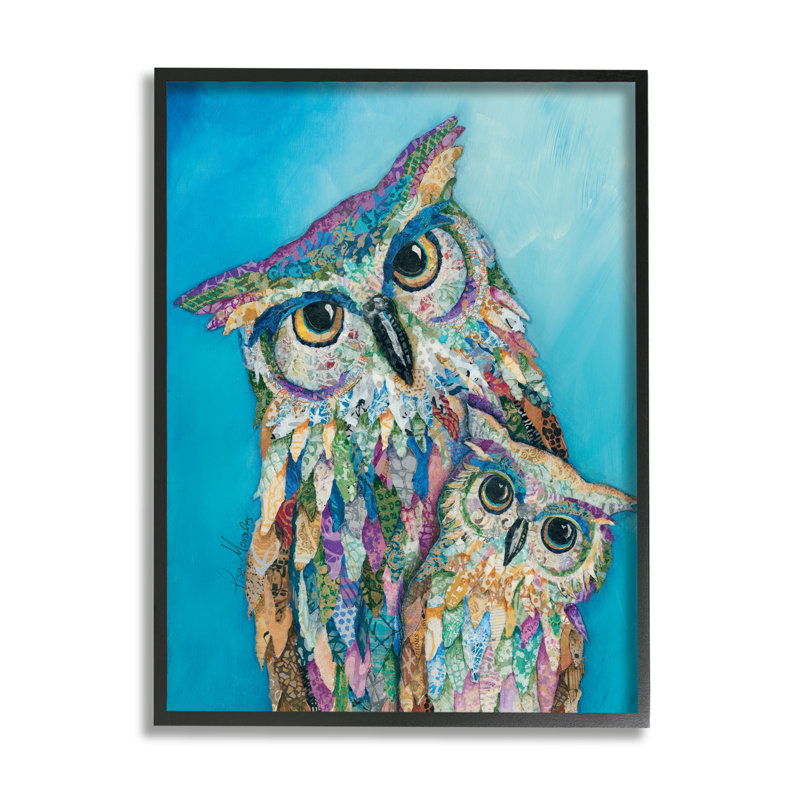 «Pair Wise Owls Varied Patterns Collage» par Lisa Morales - peinture à cadre flottant sur toile, Giclée encadrée noir minuit