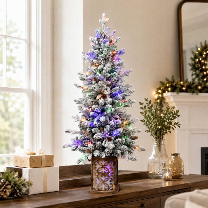 Sapin de Noël artificiel floqué préilluminé de 1,20 m avec 100 lumières DEL multicolores, White