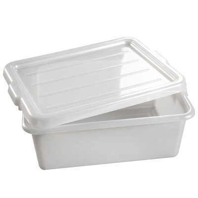 Lot de 6 bacs à viande de 51 x 38 x 18 cm (9 gallons) en plastique blanc de qualité alimentaire avec couvercles. Contenants robustes et utilitaires pour la vaisselle, la préparation en cuisine et l'entreposage en restauration.