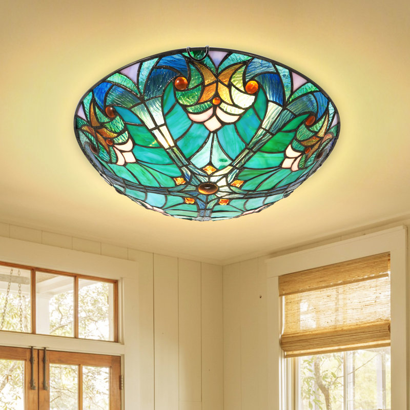 Plafonnier encastré à 3 lumières de 15,8 po de style Tiffany à dôme réglable en verre coloré pour couloir et chambre à coucher
