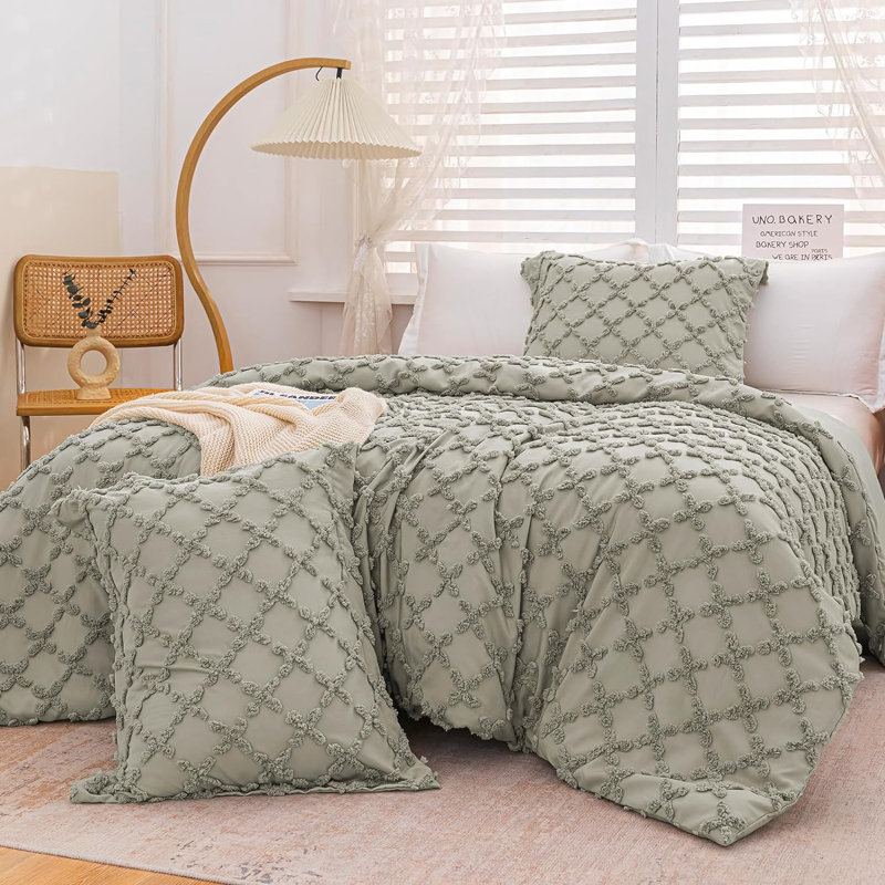 Ensemble de housse de couette en microfibre , Housse de couette pour grand lit et 2 taies décor, Sauge brume