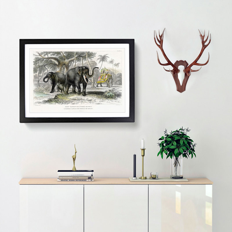 Asian Elephants by Oliver Goldsmith - Single Picture Frame Painting, 33cm H x 45cm W x 2cm D, Black